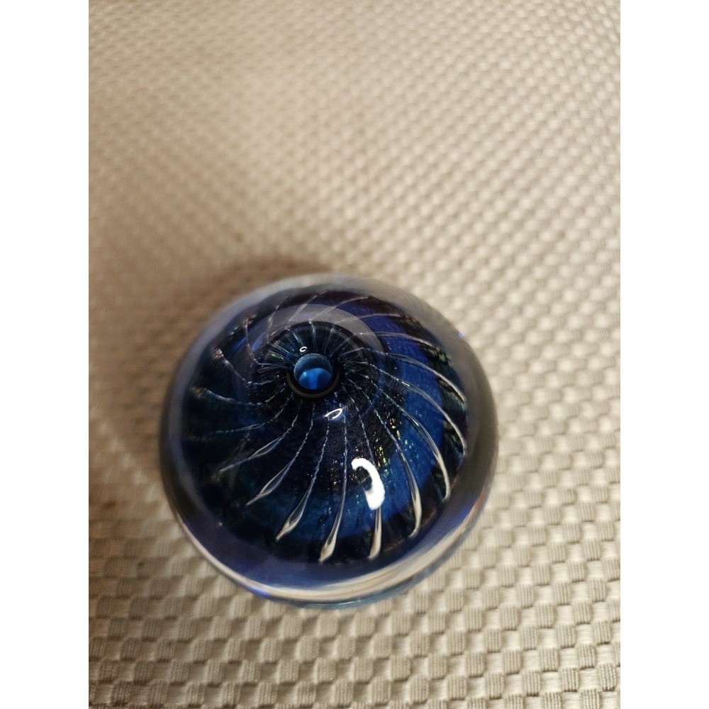 Solstice Glass Studio 2003 Hand Blown Art Glass Paperweight - Cobalt Blue Swirl